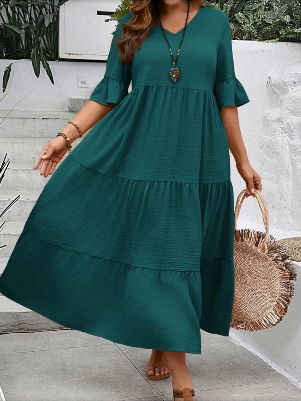 Casual Teal Tiered Maxi Dress - Women